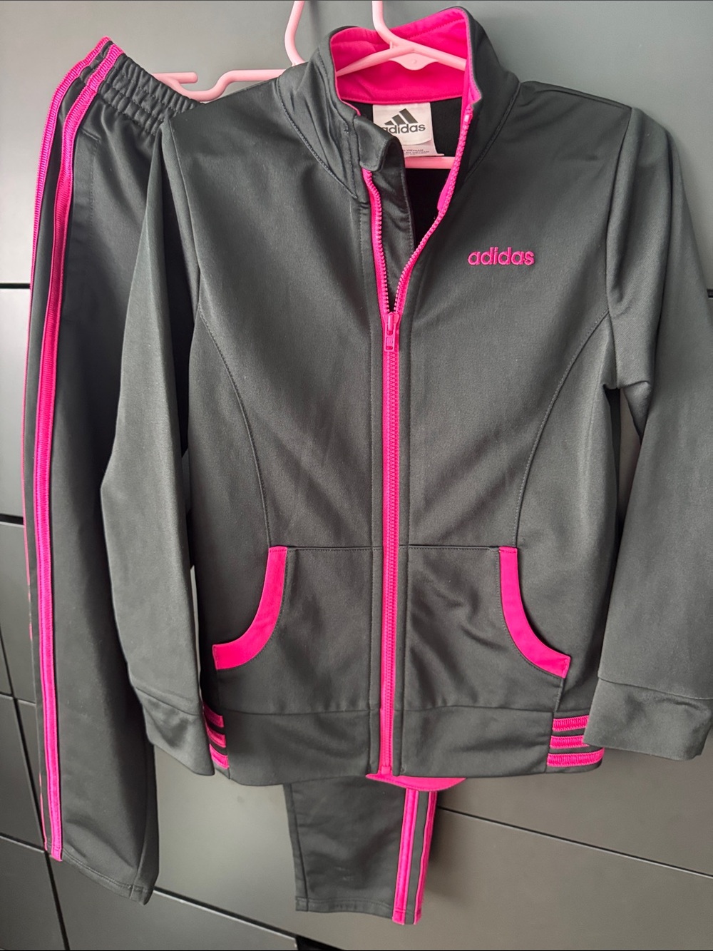 adidas Gray and Hot Pink Girls' Track Jacket & Pants Set